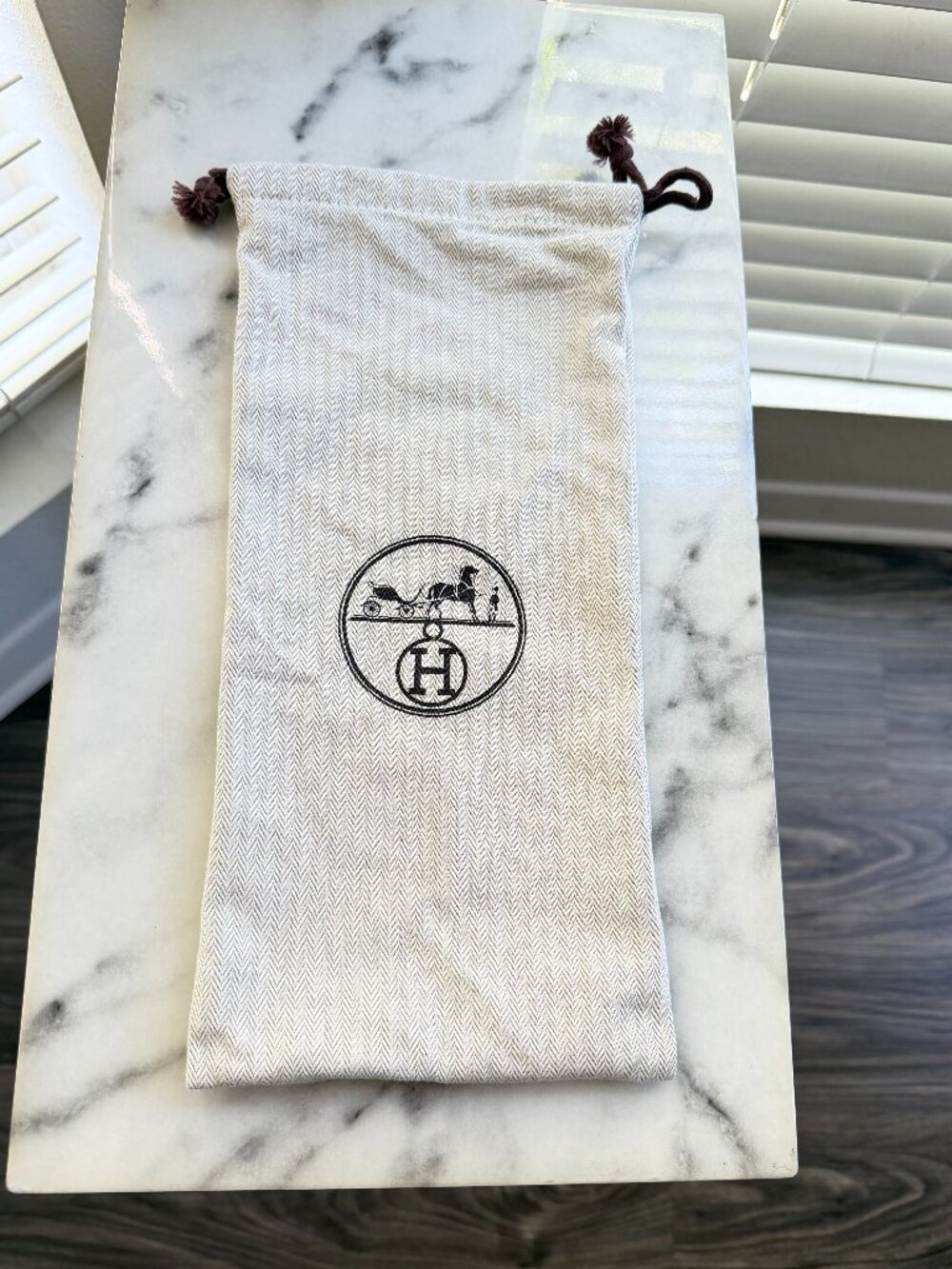 Hermès Cream Dustbag Brown Logo Double Drawstring 13" H x 6" Authentic